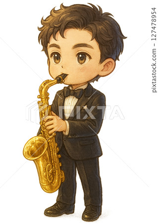 Tuxedoed boy playing saxophone 2 Tuxedoed boy playing saxophone 2 127478954