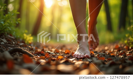 A barefoot woman walking through a sun-dappled forest A barefoot woman walking through a sun-dappled forest 127478957