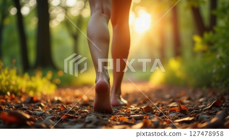 A barefoot woman walking through a sun-dappled forest 127478958