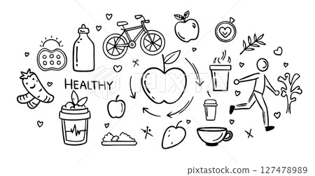 healthy lifestyle hand-drawn elements, leaf water bottle flower sun 127478989