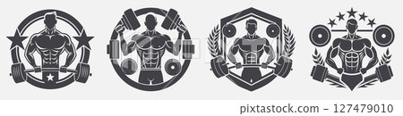 set fitness template design muscular man weightlifting barbells, activity lifestyle recreation sport 127479010