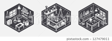 isometric laboratory interior scientist workplace table laptop books shelves sink scales test tubes equipment, experiment science research analysis 127479011