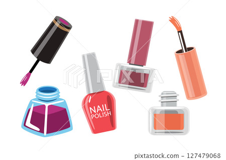 Set of Colorful Nail Polish Bottles and Brushes	 127479068