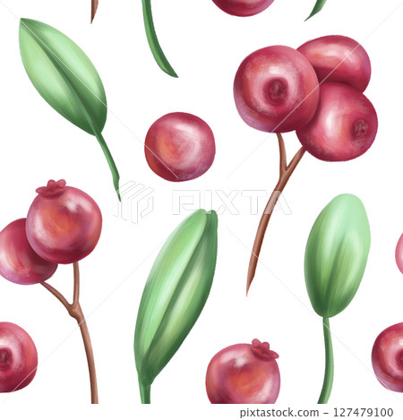 Seamless pattern with bright berries, cranberry and leaves. Sweet healthy dessert, cooking ingredients. Decorations for a festive table, a summer party. Hand-drawn illustrations, background Seamless pattern with bright berries, cranberry and leaves. Sweet healthy dessert, cooking ingredients. Decorations for a festive table, a summer party. Hand-drawn illustrations, background 127479100