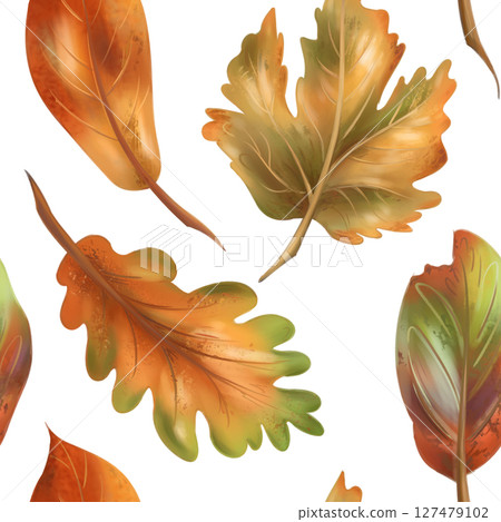 Autumn cozy seamless pattern with maple and oak yellow, red leaves on a white background. Natural motifs, forest, plants. Hand drawing background for wrapping paper, textiles, design Autumn cozy seamless pattern with maple and oak yellow, red leaves on a white background. Natural motifs, forest, plants. Hand drawing background for wrapping paper, textiles, design 127479102