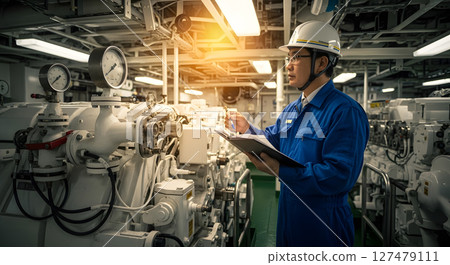 一名輪機工程師正在檢查船舶機艙的工作情況 127479111