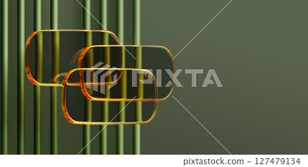 3d gold glass rectangle plates on green line wall background. Abstract luxury wallpaper with golden transparent geometric shapes and empty space. Render digital tech banner template. 3D illustration 127479134