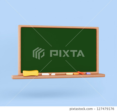 School chalkboard with wood frame 3d render icon. Isolated empty classroom blackboard with chalk and eraser for education. Slate mockup with green surface for back to school banner. 3D illustration School chalkboard with wood frame 3d render icon. Isolated empty classroom blackboard with chalk and eraser for education. Slate mockup with green surface for back to school banner. 3D illustration 127479176