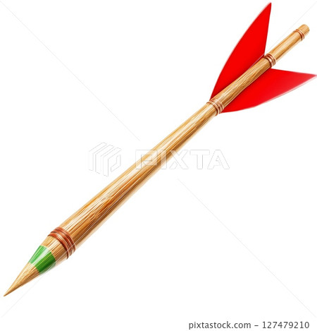 A long, wooden dart with a red and green tip is shown against a white background 127479210