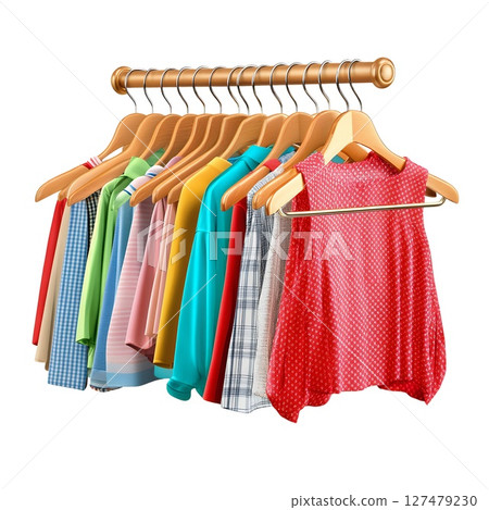 Colorful shirts and a red sleeveless top hang on wooden hangers on a clothes rack 127479230