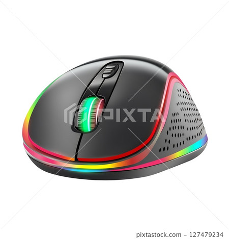 A sleek, black wireless computer mouse with RGB lighting accents 127479234