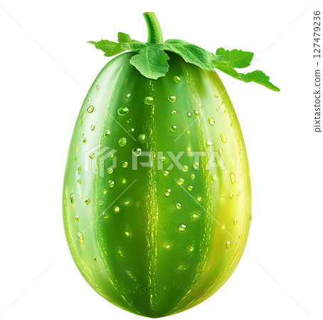 A vibrant green, oblong vegetable with water droplets and leaves atop, isolated on white 127479236