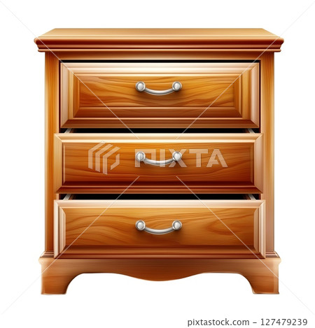 A wooden chest of drawers with three open drawers and silver handles stands on a white background 127479239