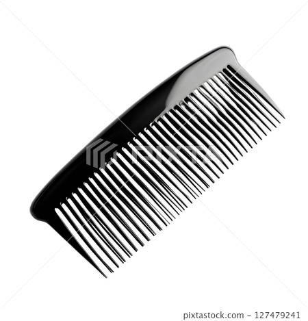 A black plastic comb with fine teeth is shown on a white background 127479241
