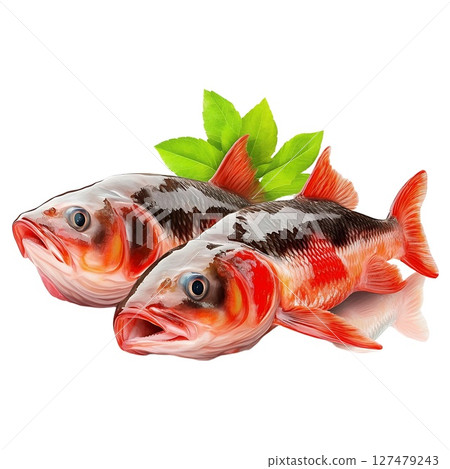 Two vibrant red and black fish, freshly caught,  are displayed with lush green leaves 127479243