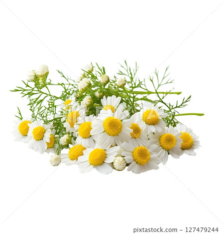 A delightful bunch of fresh chamomile flowers, perfect for adding a touch of nature's beauty to your design projects 127479244