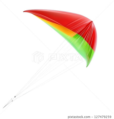 A vibrant, three-color kite soars against a clear white background, its lines extending downwards A vibrant, three-color kite soars against a clear white background, its lines extending downwards 127479259
