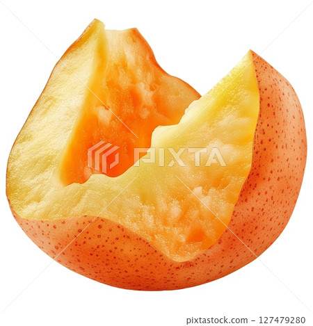 A juicy, ripe apricot, partially eaten, revealing its vibrant orange flesh and sweet interior 127479280