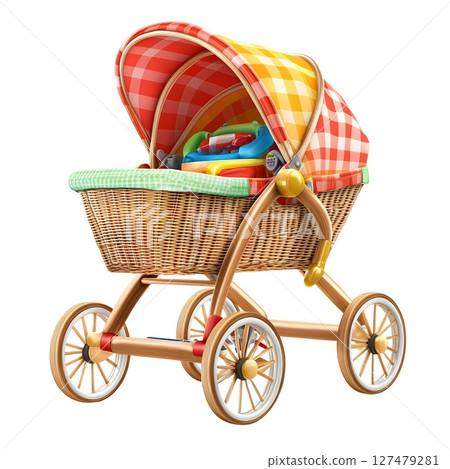 A charming wicker baby stroller with a colorful checkered canopy, filled with various playful toys 127479281