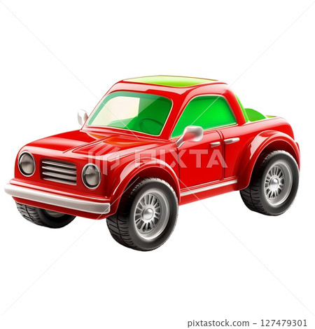 A cute, cartoon-style red toy car with a lime green roof is shown in a 3D render, isolated on a white background 127479301