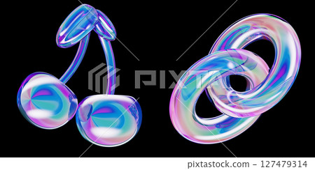 3d glass holographic y2k cherry and chain of rainbow links with bright neon metal gradient isolated on black background. Retro digital style, abstract aesthetic shapes render icon set. 3D illustration 127479314