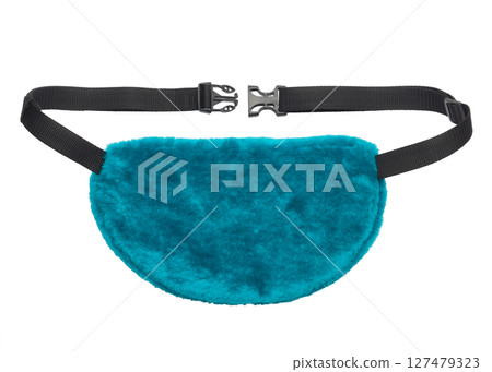 A teal furry waist bag with adjustable black straps and plastic buckles is shown against a white background A teal furry waist bag with adjustable black straps and plastic buckles is shown against a white background 127479323