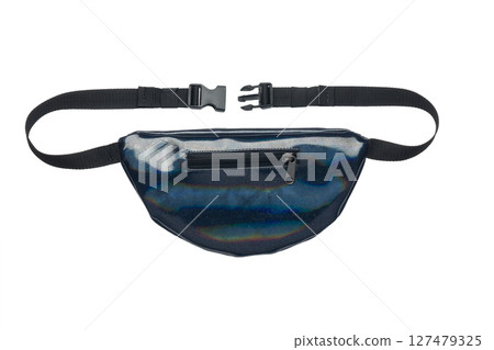 Stylish iridescent blue fanny pack with adjustable black straps and zipper closure, perfect for fashion-forward individuals 127479325