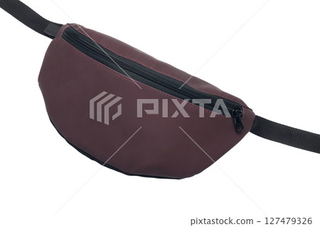 Stylish burgundy leather waist bag with a black zipper and strap, ideal for everyday use 127479326