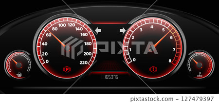 Modern car dashboard with speedometer gauges Modern car dashboard with speedometer gauges 127479397
