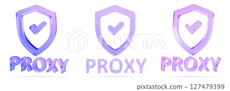 3d set of glass holographic security shield with check mark and proxy server icon render. Data encryption, hide IP address, secure access technology in internet, malware protection. 3D illustration 3d set of glass holographic security shield with check mark and proxy server icon render. Data encryption, hide IP address, secure access technology in internet, malware protection. 3D illustration 127479399