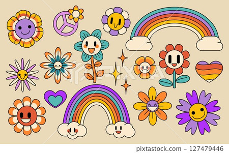 Retro flower and rainbow collection 127479446