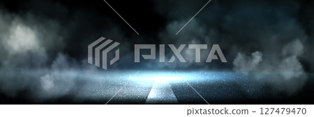 Dark road scene with glowing smoke clouds 127479470