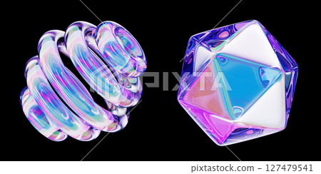 Liquid glass holographic y2k spiral sphere and polygon icon with bright neon gradient isolated on black background. Abstract crystal geometric shapes render set, rainbow color effect. 3D illustration Liquid glass holographic y2k spiral sphere and polygon icon with bright neon gradient isolated on black background. Abstract crystal geometric shapes render set, rainbow color effect. 3D illustration 127479541