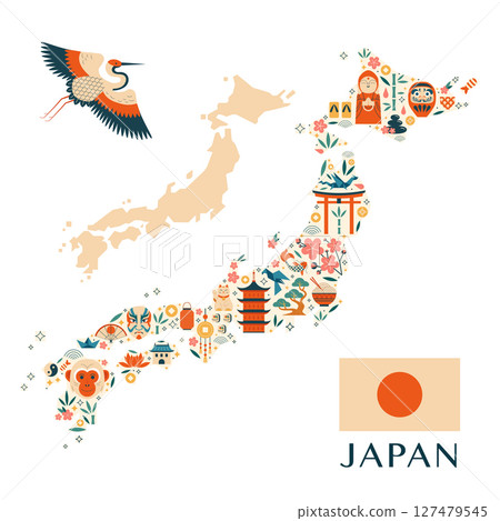 Japan Travel Map Poster with Japanese Icons Japan Travel Map Poster with Japanese Icons 127479545