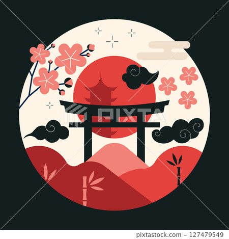 Torii Gates Silhouette and Sakura Flowers Icon 127479549