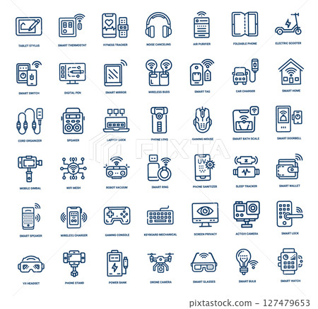 modern smart gadgets line icons collection, headphones watch earbuds speaker 127479653