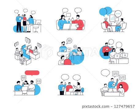 office employees communicating discussing information illustrated scenarios speech bubbles indicating conversations, presentation desk laptop workplace 127479657