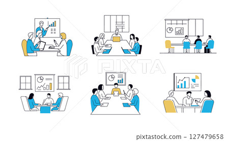 office workers engage meetings scenarios within meeting room discussing charts data typical working day, professional communication leadership workspace 127479658
