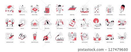collection summer recreational activities gear accessories seasonal treats nature-related outdoor elements, stick summer sun hat popsicle trees hammock music 127479680