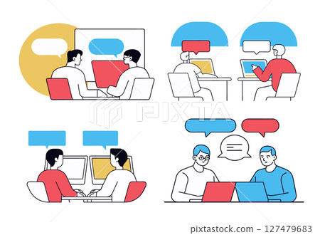 two developers communicating speech bubbles working on computers highlighting collaboration discussion modern stylized design, Style Flat two developers communicating speech bubbles working on computers highlighting collaboration discussion modern stylized design, Style Flat 127479683