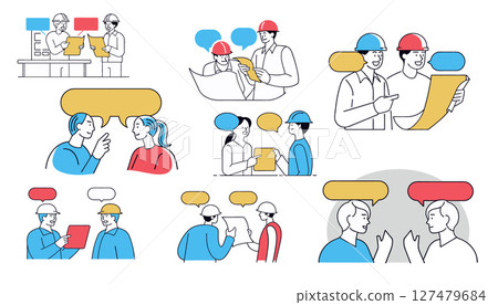 two engineers communicate speech bubbles reviewing plans designs highlighting collaborative problem-solving construction engineering setting, Communication Architecture Collaboration 127479684