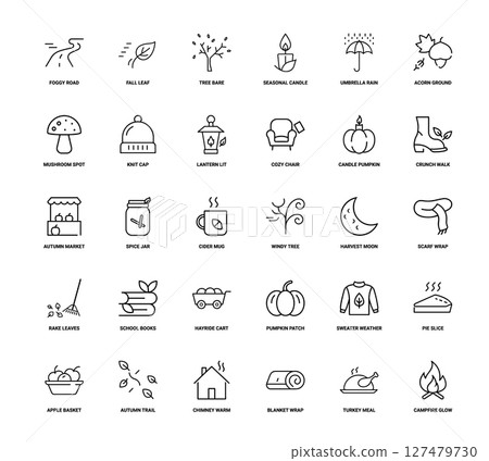 collection autumn-themed line icons, fall activities nature elements seasonal treats outdoor accessories, lit chair lantern pumpkin crunch walk cozy candle collection autumn-themed line icons, fall activities nature elements seasonal treats outdoor accessories, lit chair lantern pumpkin crunch walk cozy candle 127479730