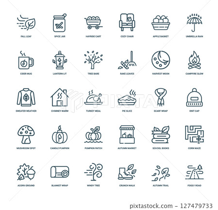 autumn fall activities seasonal treats nature outdoor elements cozy accessories collection themed icons autumn fall activities seasonal treats nature outdoor elements cozy accessories collection themed icons 127479733