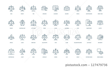collection balance scale icons uniquely themed represent abstract concepts objects 127479736