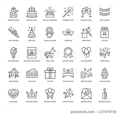 collection outline icons elements birthday celebration party themes, balloons badge photo frame pinata 127479759