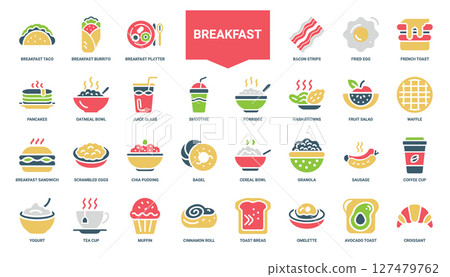 breakfast foods beverages colorful flat icon set, visual guide breakfast options, sandwich eggs chia scrambled pudding bagel breakfast 127479762