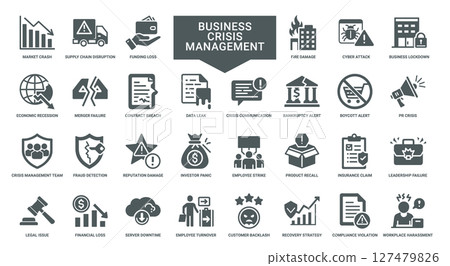 business crisis management collection icons, economic recession merger failure data leaks, Management Detection Damage Reputation Investor Crisis Panic Team Fraud 127479826