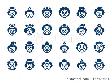 clown face icons collection, happy sad expressions classic circus attire, tragic mournful pathetic woeful 127479851