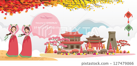 Gyeongju Landmark or Korea Landscape. Panorama of the Building. Autumn Scenery Beautiful Fall. Posters and Postcards Korea for Tourism. Translate: Welcome to Gyeongju of Korean. Paper Cut Sticker Styl Gyeongju Landmark or Korea Landscape. Panorama of the Building. Autumn Scenery Beautiful Fall. Posters and Postcards Korea for Tourism. Translate: Welcome to Gyeongju of Korean. Paper Cut Sticker Styl 127479866
