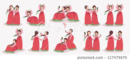 Young couple in red dress traditional korean women's clothing 127479870